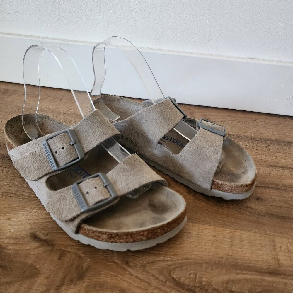 Birkenstock Arizona Sandals, Grey Suede Cork Sandals - Picture 1 of 10